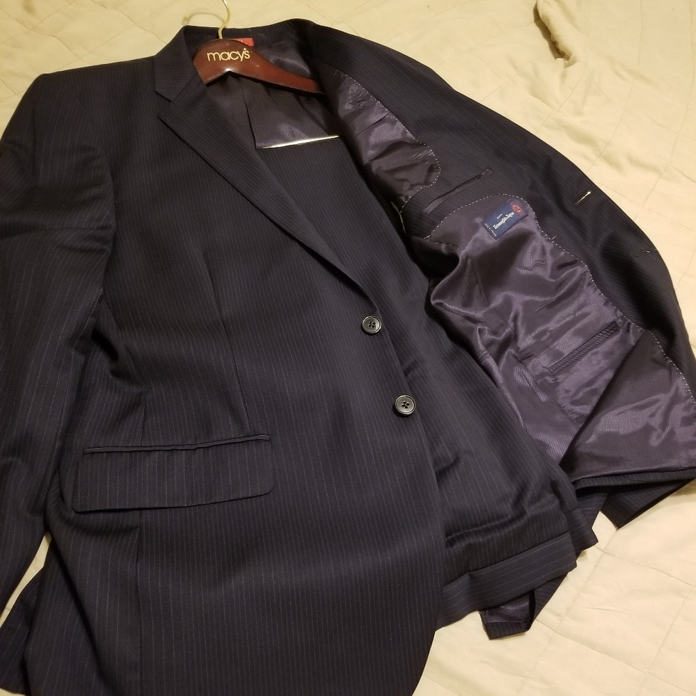 Saks Red navy pin striped suit